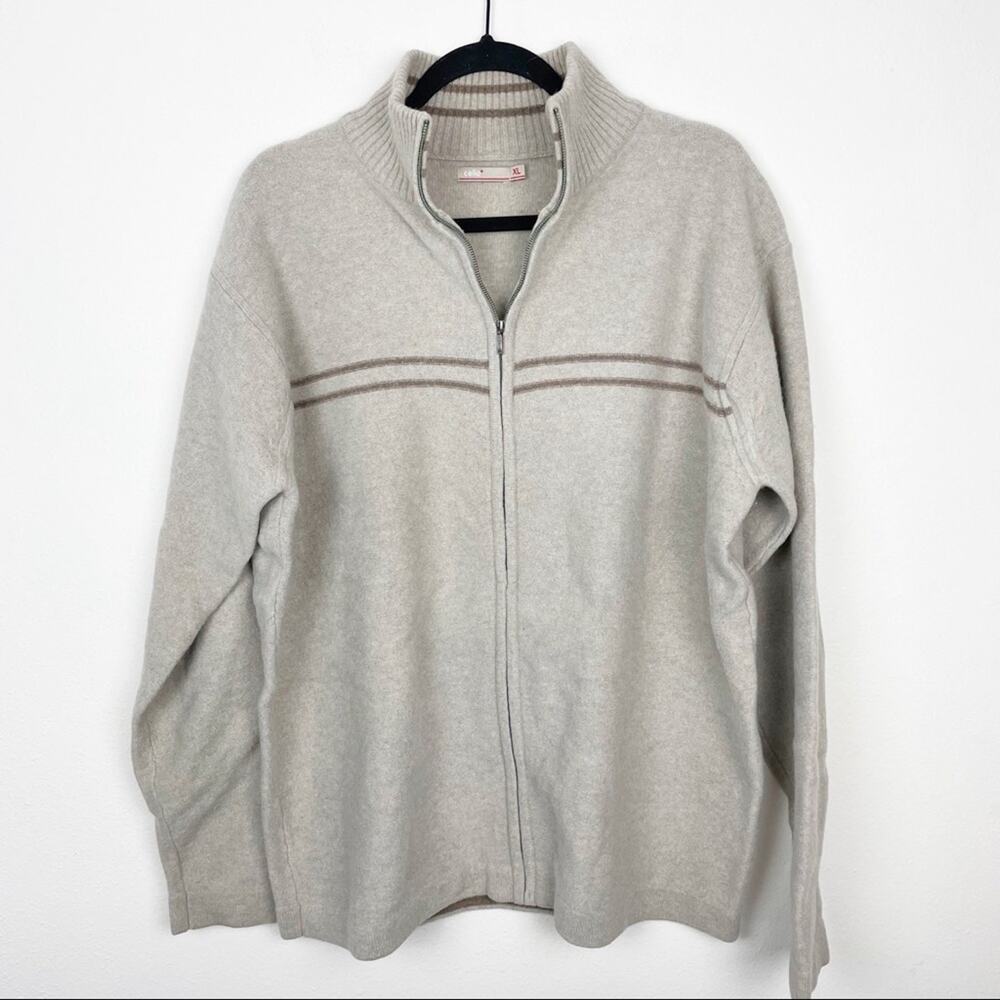 Vtg Celio Mens 100% Lambswool Full Zip Sweater Jacket Size XL Tan Center Stripe